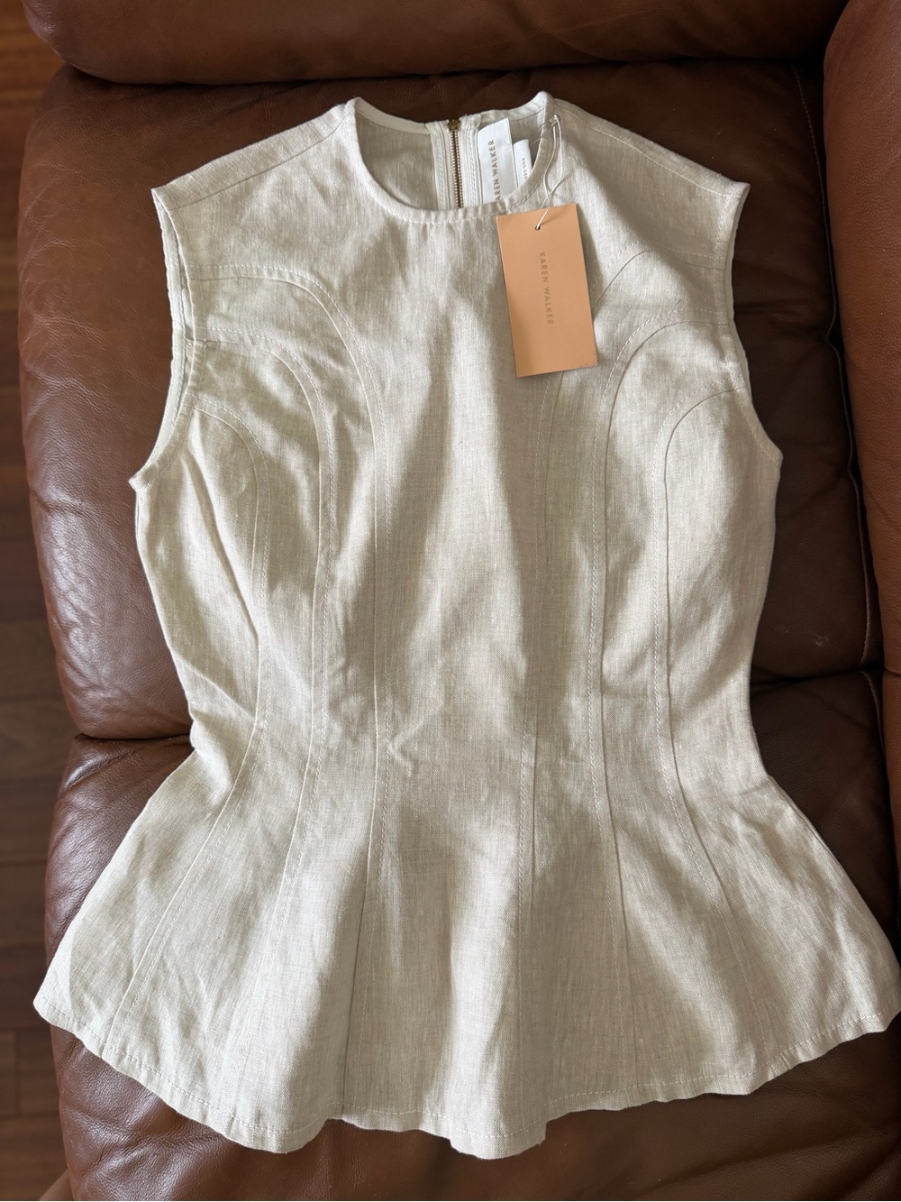 Karen Walker Sleeveless Peplum Serapis Linen Top in Natural Beige